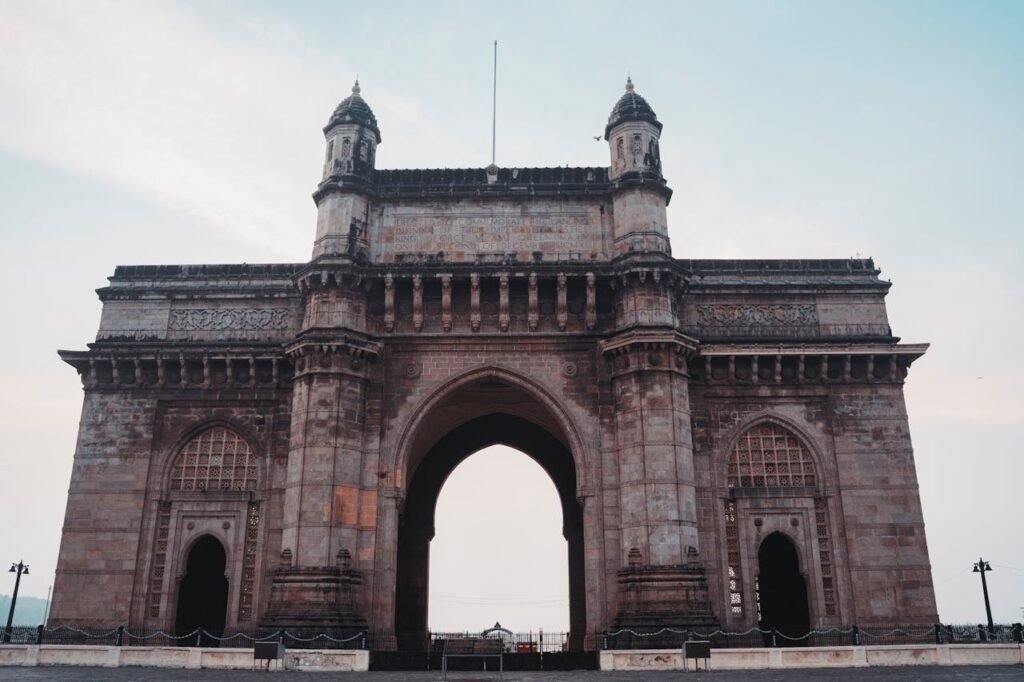 A building view with gates and arch