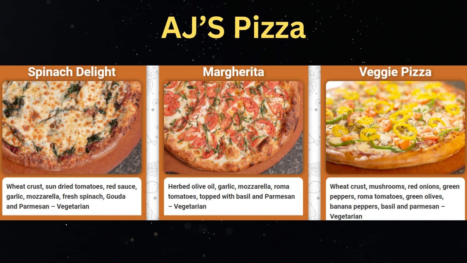 Different type of aj's pizza menu