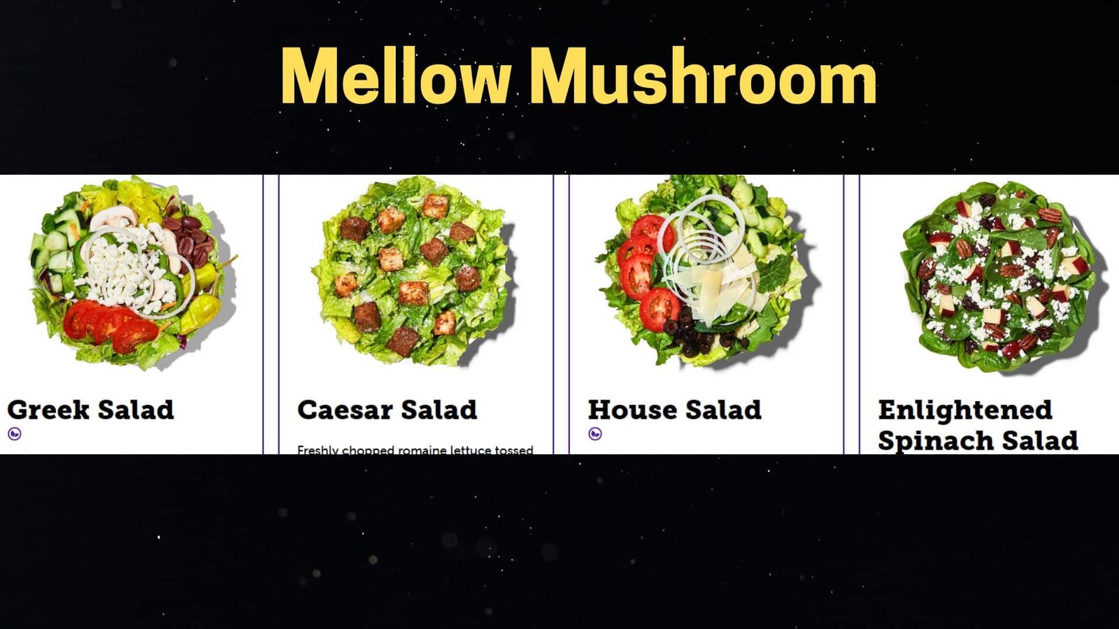 different type of salad menu at mellow mushroom pizza