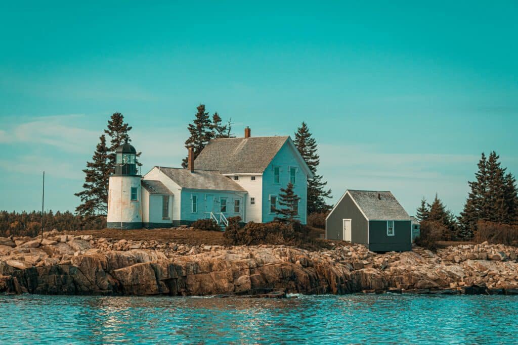 Scenic view of a coastal lighthouse in Acadia National Park Maine