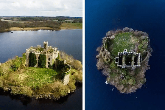 two pictures show McDermott's Castle in the middle of the river with beautiful scenic view