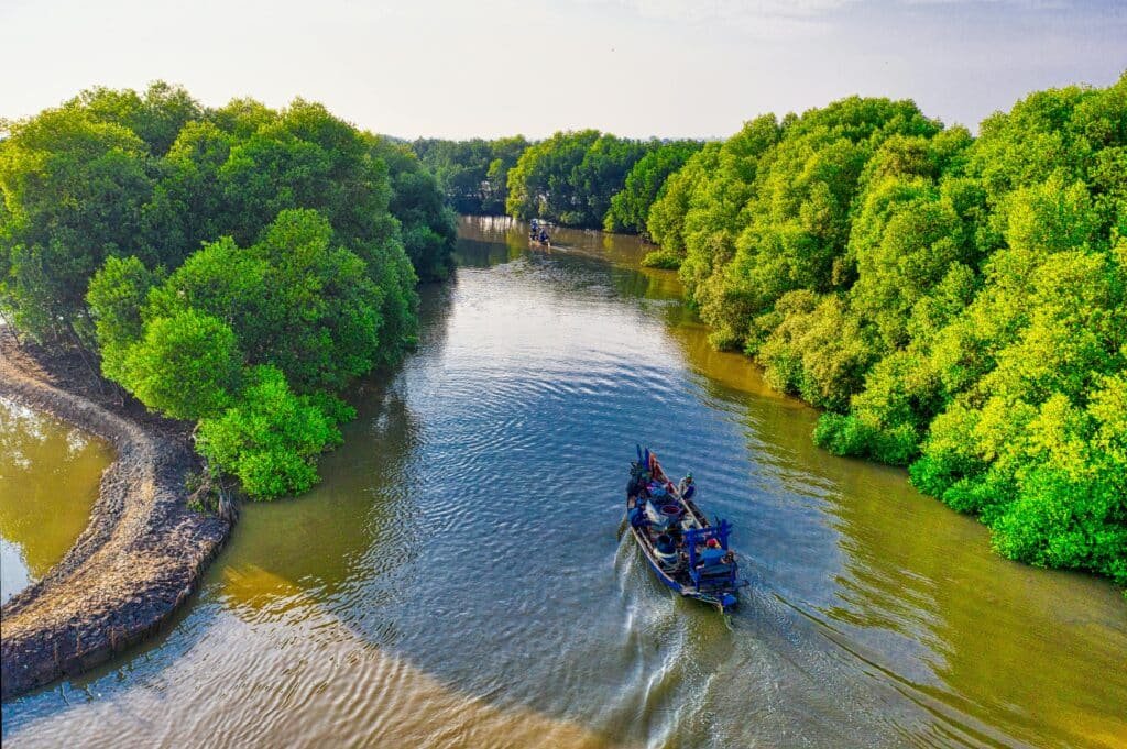 Sundarbans Mangrove Forest where a river and boat is running in the river rrepresenting Bangladesh Tourist Destination