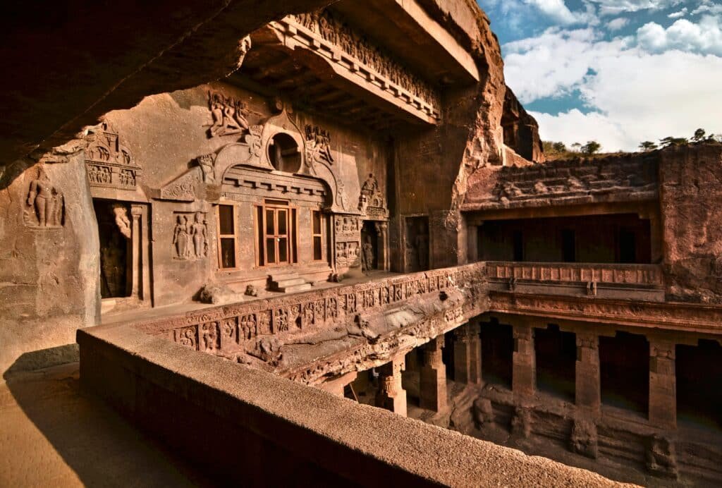 Ajanta Caves in India Side View where lot of sculpture on the wall