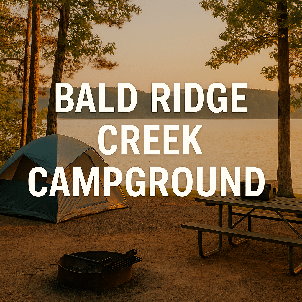 Lakeside campsite at Bald Ridge Creek Campground during sunset showing a blue tent picnic table and fire pit surrounded by tall trees with a calm lake in the background Bold text overlay reads Bald Ridge Creek Campground   Touring Diary Adventure