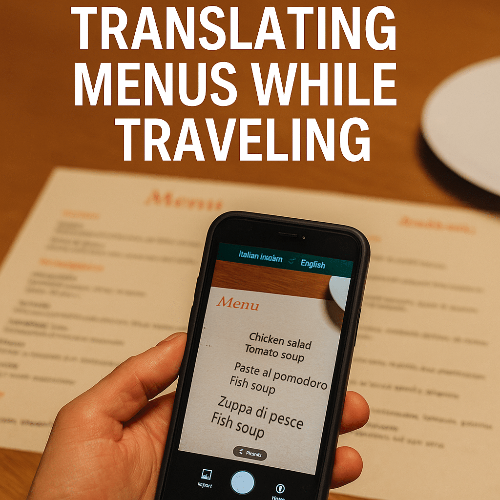 A digital photograph with graphic elements showing a traveler using a smartphone to translate a foreign restaurant menu, featuring the text “Best Apps for Translating Menus While Traveling.” A digital photograph with graphic elements showing a traveler using a smartphone to translate a foreign restaurant menu, featuring the text “Best Apps for Translating Menus While Traveling".