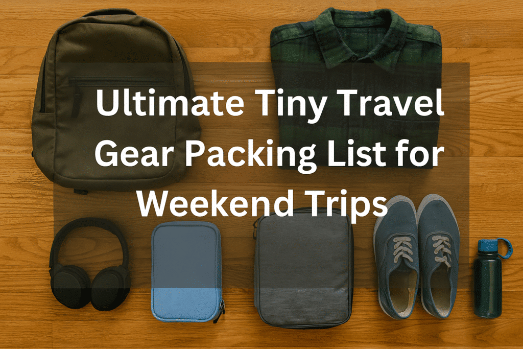 A digital photograph with overlaid text showing compact travel essentials like a backpack packing cubes and toiletries arranged neatly labeled Ultimate Tiny Travel Gear Packing List for Weekend Trips   Touring Diary Adventure