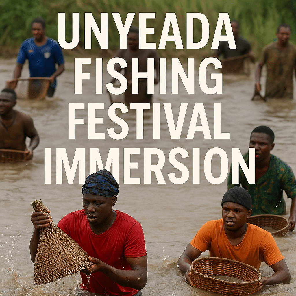 Participants in the Unyeada Fishing Festival standing in water with traditional baskets and nets actively engaging in the cultural fishing celebration with bold text Unyeada Fishing Festival Immersion above   Touring Diary Adventure