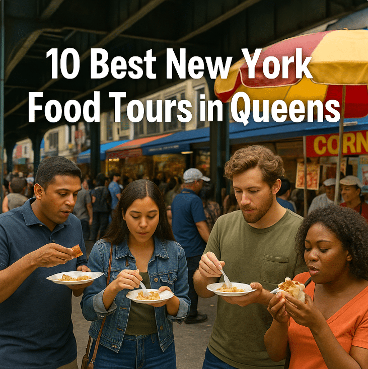 A group of diverse tourists enjoying authentic street food under the elevated train tracks in Queens New York with food stands and vibrant crowds in the background Text overlay reads 10 Best New York Food Tours in Queens   Touring Diary Adventure