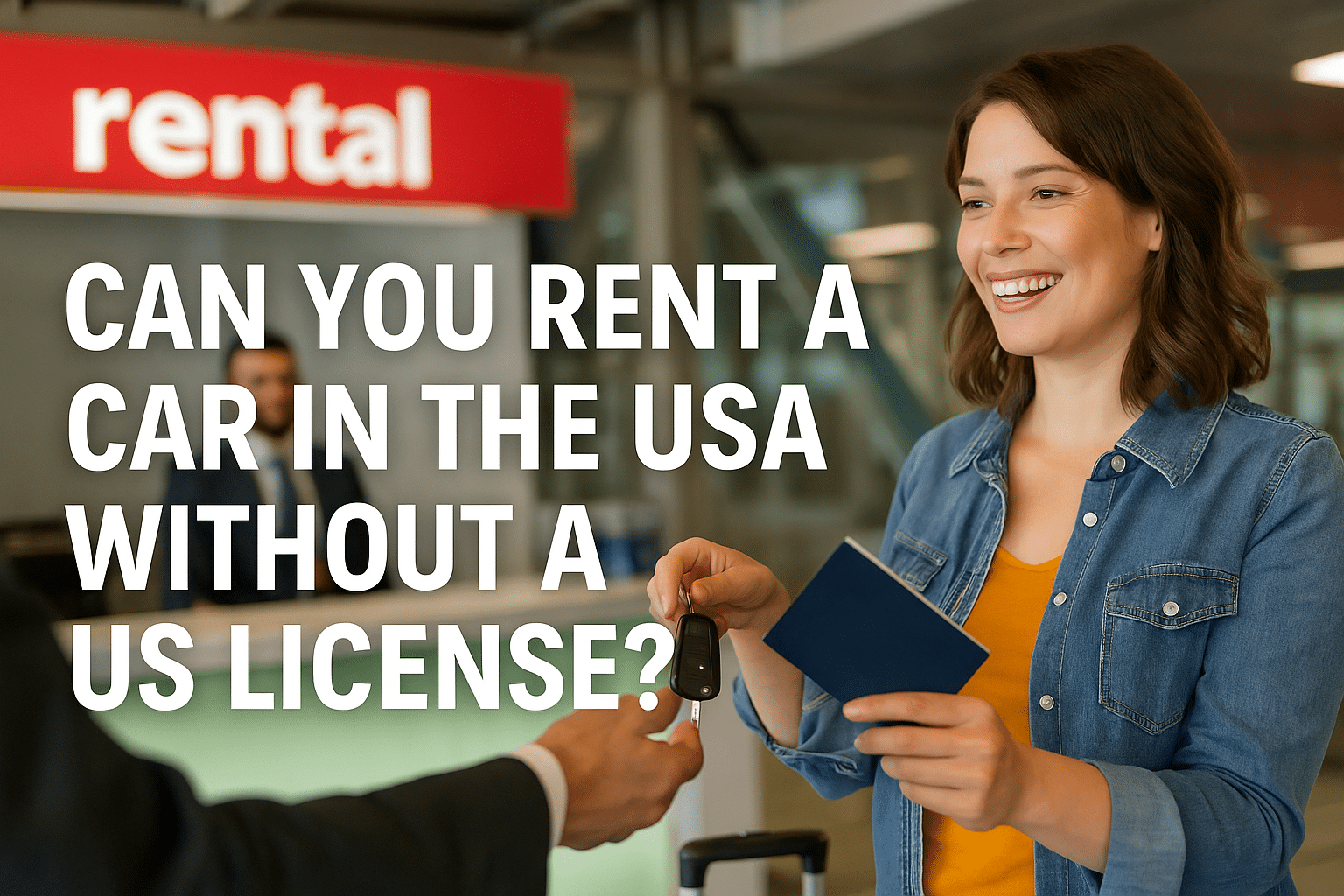 Can you rent a car in the USA without a US license – international traveler receiving rental car keys at an airport