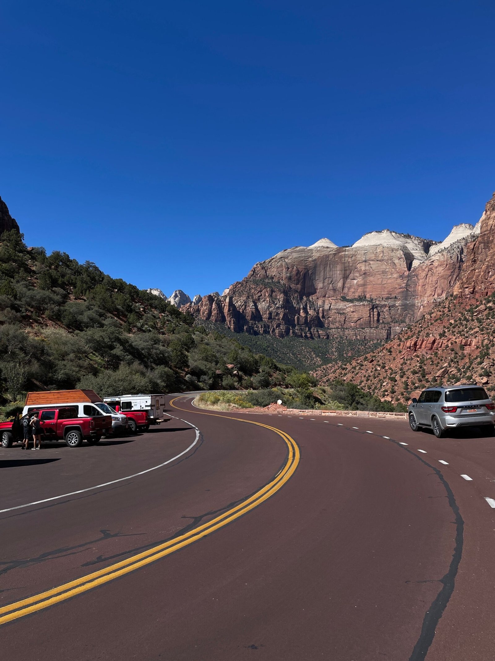 Curved road with parked cars and Zion Canyon mountains in background.